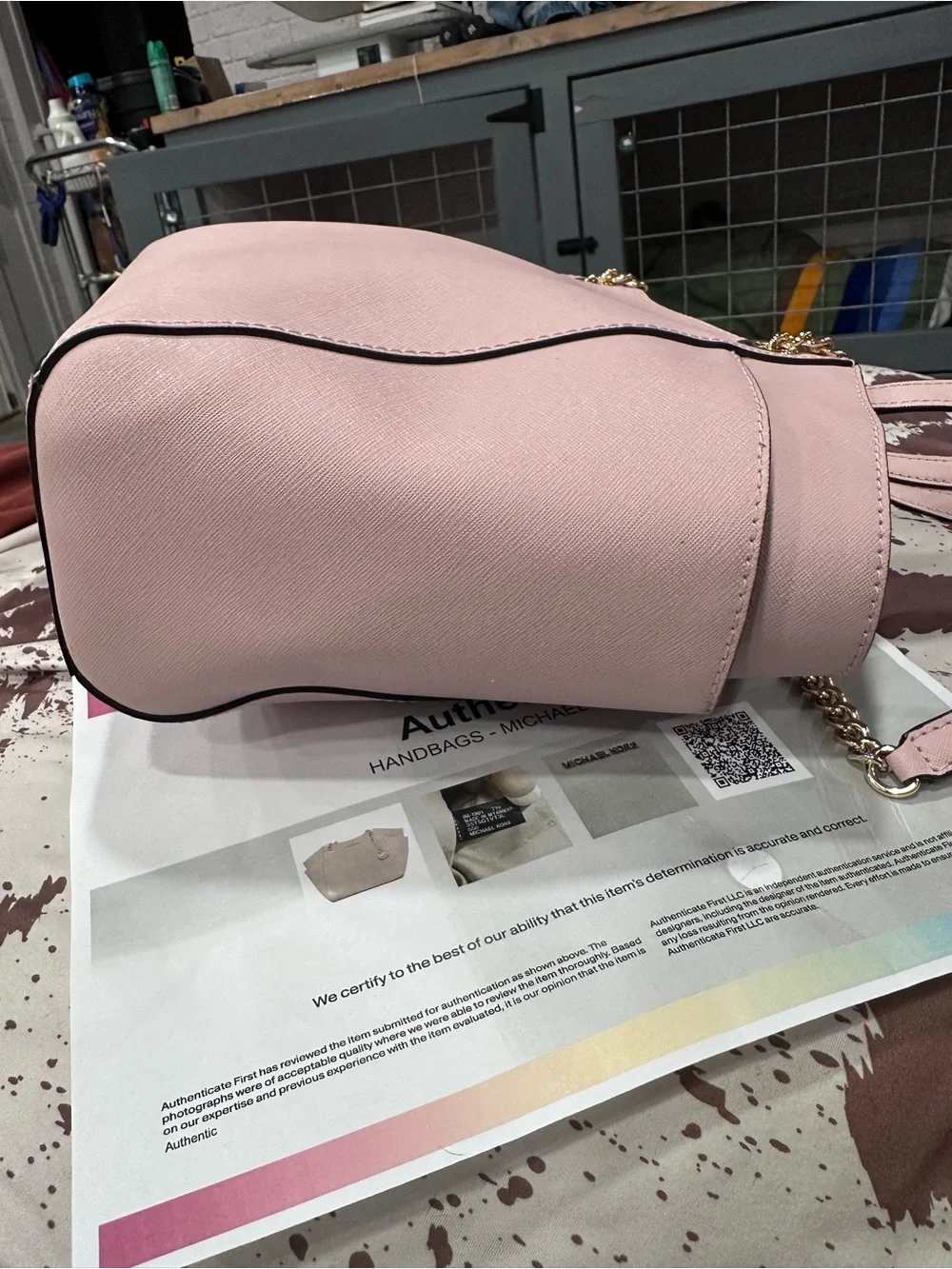 Michael Kors Blush Pink Leather Shoulder Tote with Gold Accent. COA
